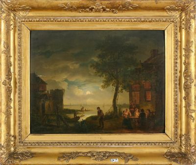 Huile sur panneau de chêne "Soirée au clair de lune".