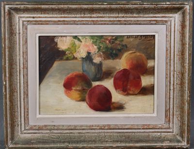 a painting of three peaches and a vase of flowers on a table