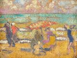 une peinture de personnes sur la plage au bord de l'eau