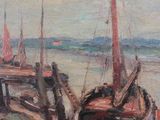 painting of boats docked at a pier on a cloudy day