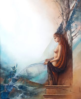 an oil painting of a woman sitting on a ledge with a tree in the background