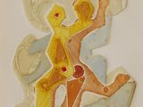 a drawing of a man and a woman running together