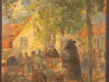 une peinture à l'huile représentant un groupe de personnes assises autour d'une table