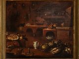 an oil painting of a kitchen scene with a stove, sink, dishwasher, and other items