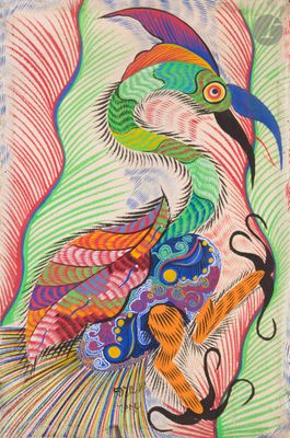 un tableau représentant un oiseau avec des plumes colorées sur la tête