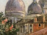 an oil painting of a cityscape with a church in the background