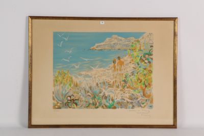 tableau représentant une scène de plage avec des mouettes volant au-dessus de l'eau