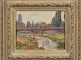 une peinture à l'huile représentant un paysage fluvial avec un pont en arrière-plan