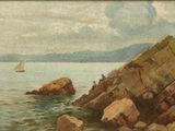 painting of a rocky shore with a sailboat in the distance