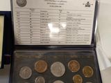 several different types of coins are displayed in a display case
