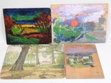 several paintings of different colors and sizes are displayed on a white surface