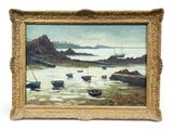 a painting of boats in a body of water