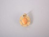 an image of a gold pendant with a coral stone in the center