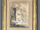 une vieille photo représentant un tableau d'un château, dans un cadre doré, accroché à un mur gris
