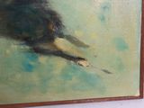 an oil painting of a dog running on a blue background