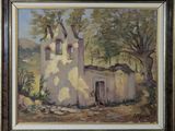 une peinture à l'huile représentant une maison dans un cadre champêtre
