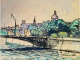 dessin représentant un pont sur une rivière, avec un bâtiment en arrière-plan
