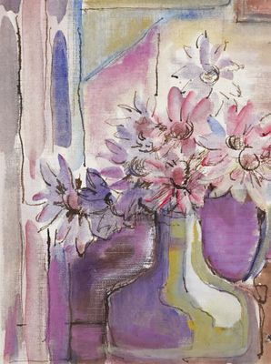une peinture de fleurs dans un vase sur le rebord d'une fenêtre