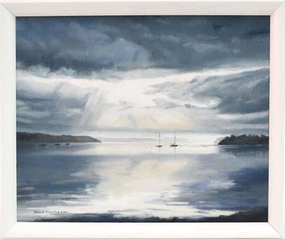 a painting of a sailboat on the water under a cloudy sky