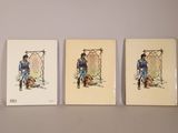 three paintings of a man sitting on a bench next to a dog