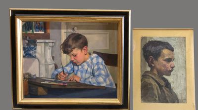 two paintings of a boy and a boy sitting at a table