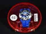 a blue and red watch in a red plastic case