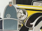 a yellow and black car with a sign in front of it