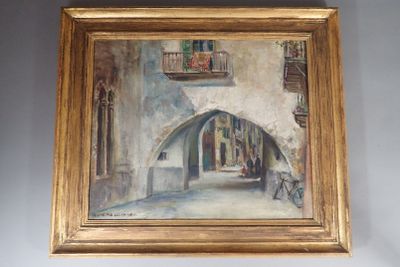 une peinture à l'huile représentant un immeuble avec un balcon et un balcon