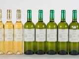 six bottles of white wine are lined up in a row