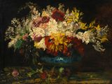 une peinture de fleurs dans un vase sur une table