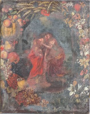 a painting of a woman holding a child in a garden