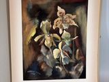 painting of flowers in a vase on a table next to an open book