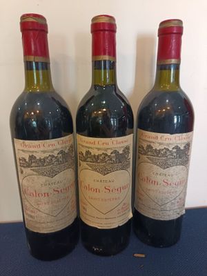three bottles of red wine sit on a blue surface