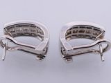 a pair of silver earrings on a white background