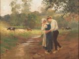 tableau représentant un homme et une femme marchant sur un chemin de terre, avec des vaches en arrière-plan