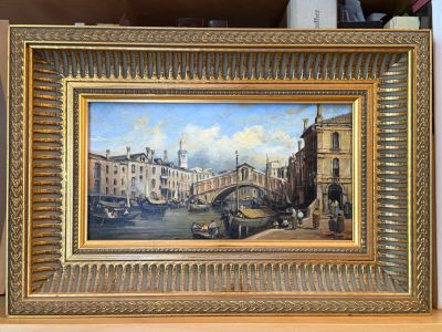 une peinture à l'huile représentant une vue d'une ville avec un pont