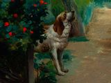 a painting of a dog that is sitting in the grass