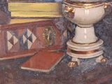 a painting of a vase and books on a table