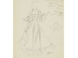 un dessin représentant une femme en robe, avec un chapeau et des gants
