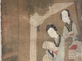 une image représentant un tableau où l'on voit deux femmes assises sur un banc