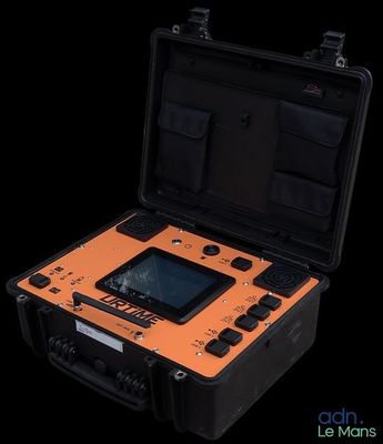 an open case with a tablet inside of it on a black background