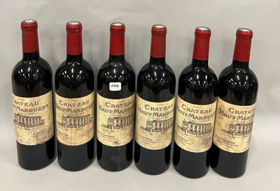 six bouteilles de vin rouge sont alignées sur une surface blanche