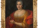 un tableau représentant une femme tenant une fleur dans la main droite