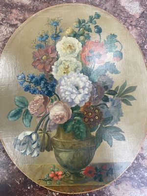 a painting of flowers in a vase on a table