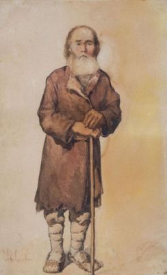 painting of an old man with a long white beard and a cane