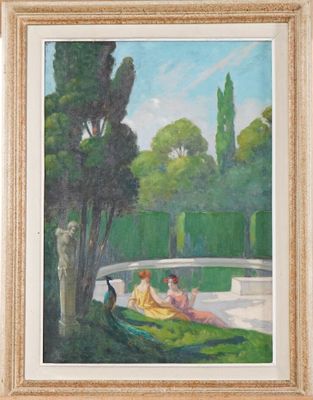 une peinture à l'huile représentant deux femmes assises sur un banc dans un parc