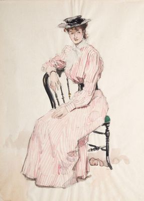 tableau représentant une femme en robe rose assise sur une chaise