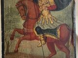 an old painting of a man riding a horse holding a stick