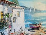 une peinture représentant un bateau sur l'eau, à côté d'un bâtiment