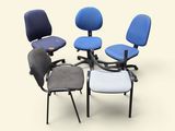 three office chairs are arranged in a circle on a white background